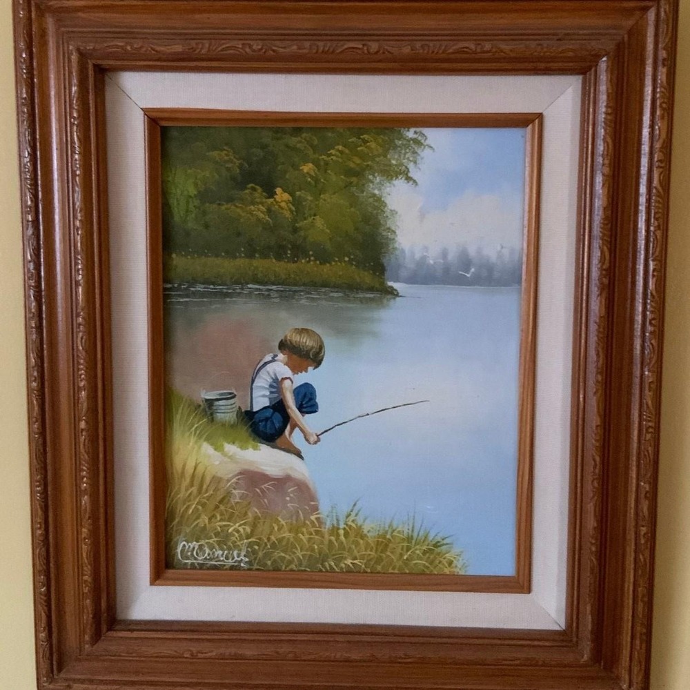 Vintage C. Manuel Signed Original Oil Painting, Little Boy Fishing by Lake 1970s